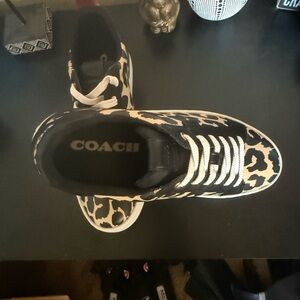 Coach Black and Tan Leather Leopard Sneakers
